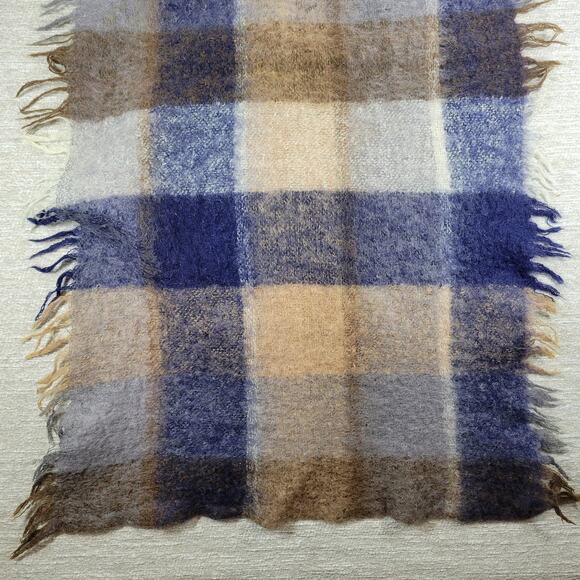 Avoca Hand Weavers Lap Blanket Scarf Shawl Brown Blue Wool Mohair Plaid Fringe - Picture 6 of 16